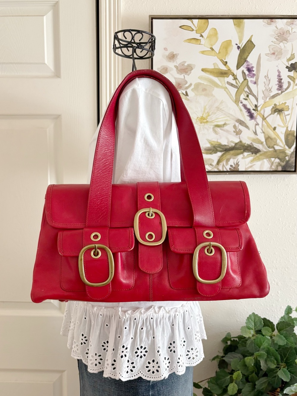 Banana Republic Red Leather Shoulder Bag with Gold Buckles